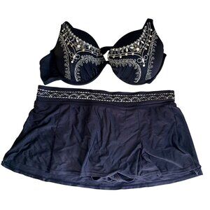 Swimsuit Top & Skirted Bottom Set Black Beaded Embroidered Padded Underwire
